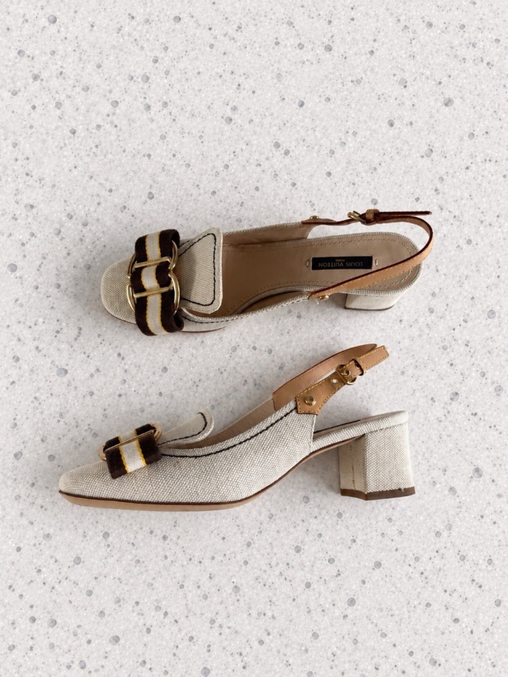 Louis Vuitton Sandals Cream Thick Heels Heeled *VINTAGE* Authentic 6.5 US❤️